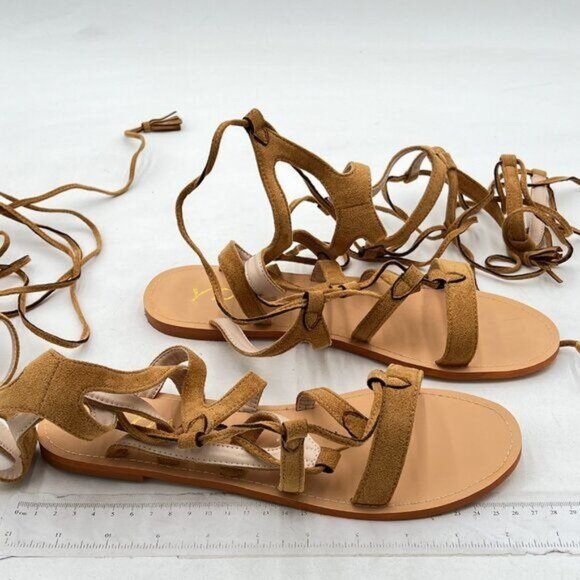 YDN Women  Knee High Lace up Flats Fringe Low Heel Gladiator Strap Sandals Brown - Picture 4 of 7